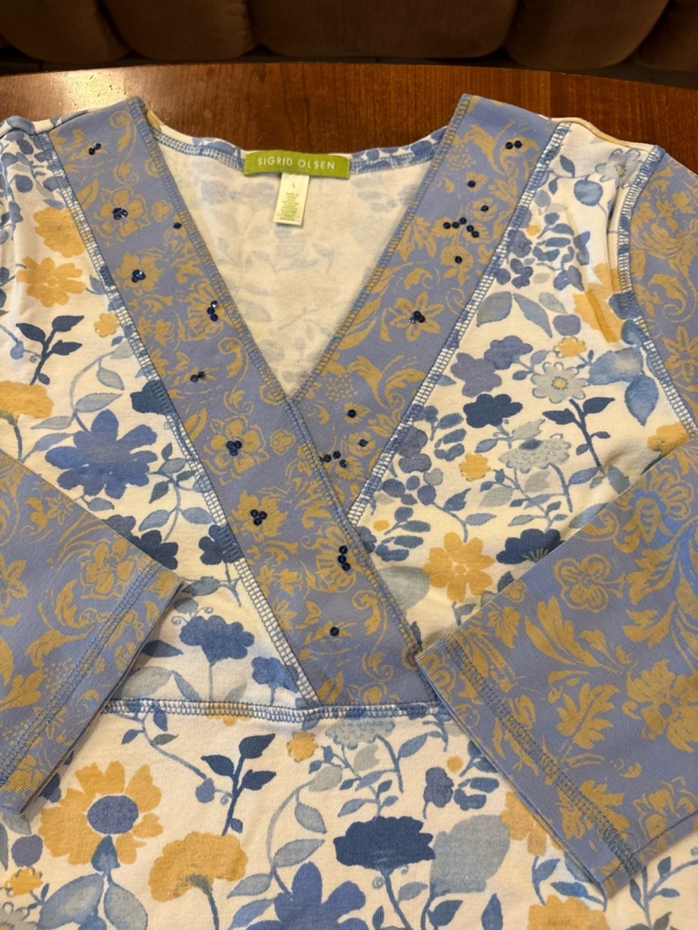 Sigrid Olsen Women’s Blue & Yellow Floral V-Neck Top - Picture 2 of 8